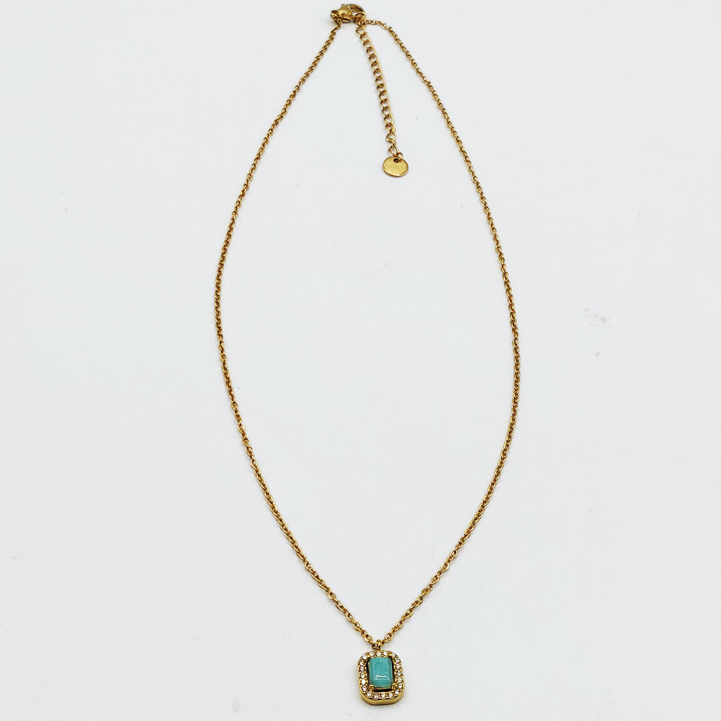 Collier Pierre Rectangle Vert Pastel Tour Cristaux Luxe