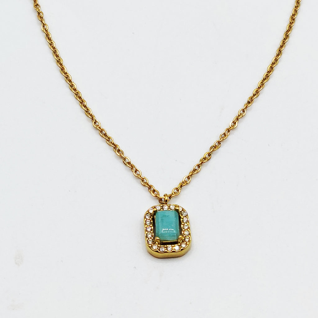 Collier Pierre Rectangle Vert Pastel Tour Cristaux Luxe