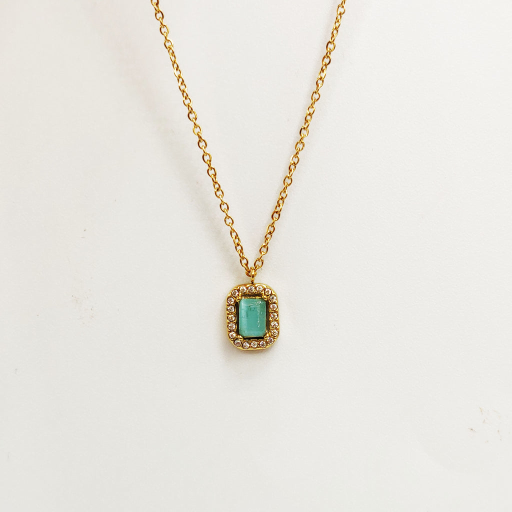 Collier Pierre Rectangle Vert Pastel Tour Cristaux Luxe