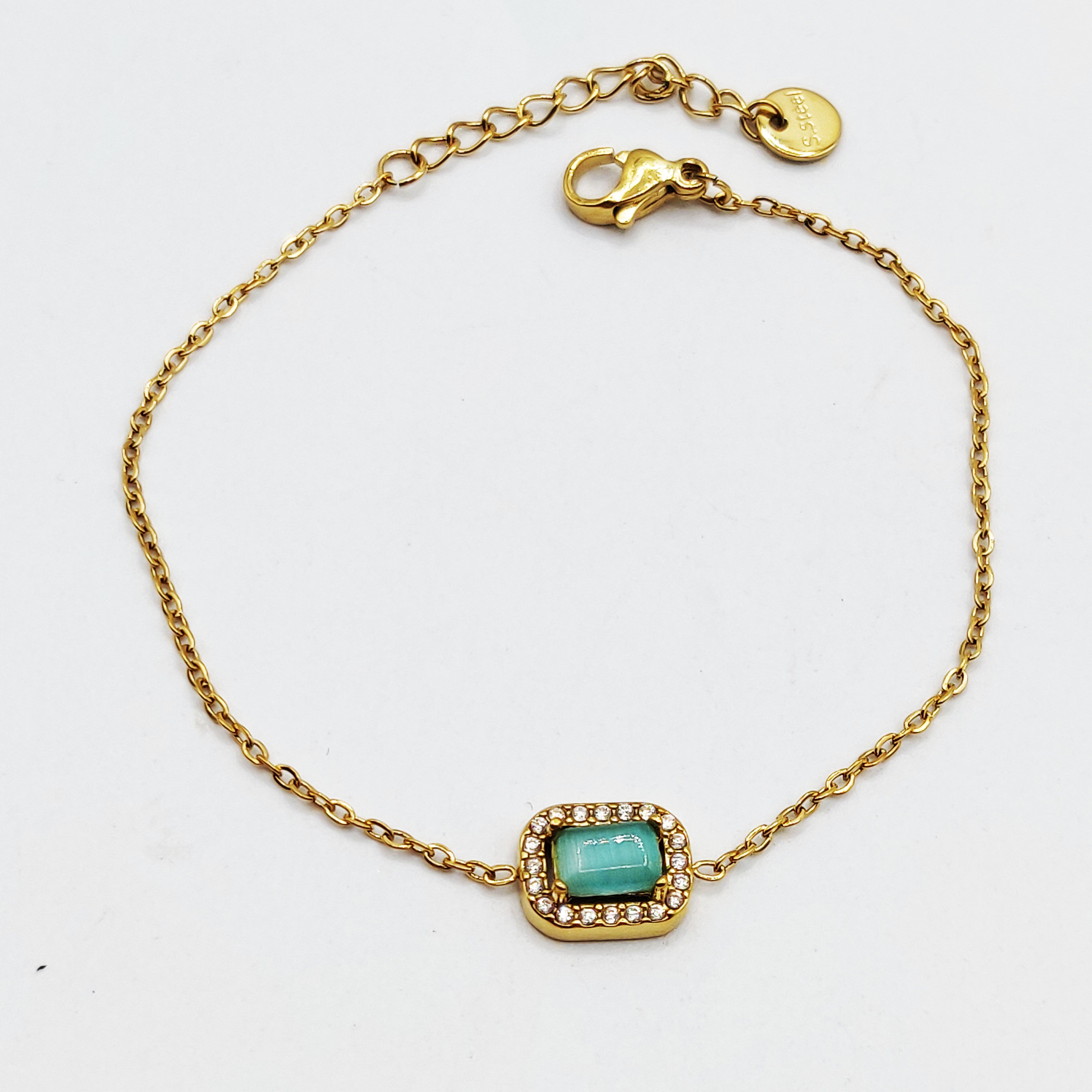 Bracelet Pierre Rectangle Vert Pastel Tour Cristaux Luxe