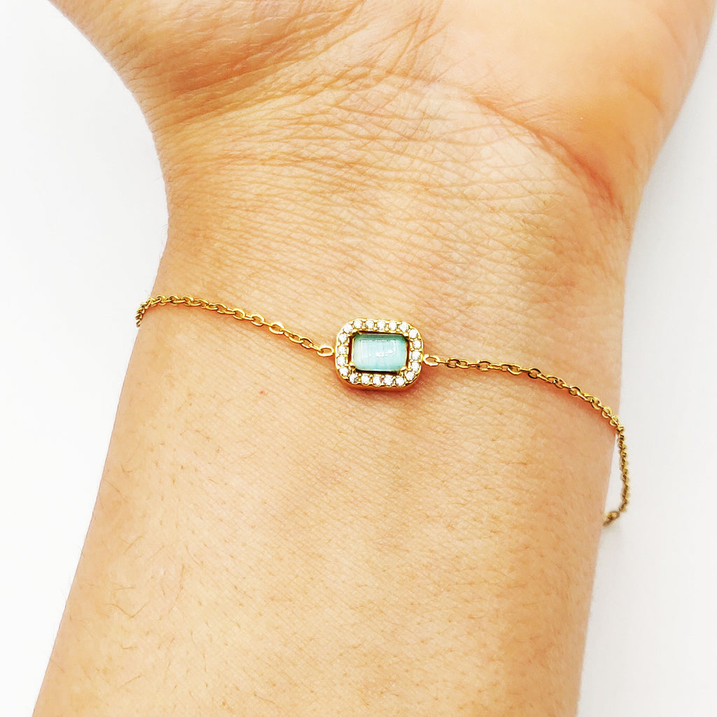 Bracelet Pierre Rectangle Vert Pastel Tour Cristaux Luxe