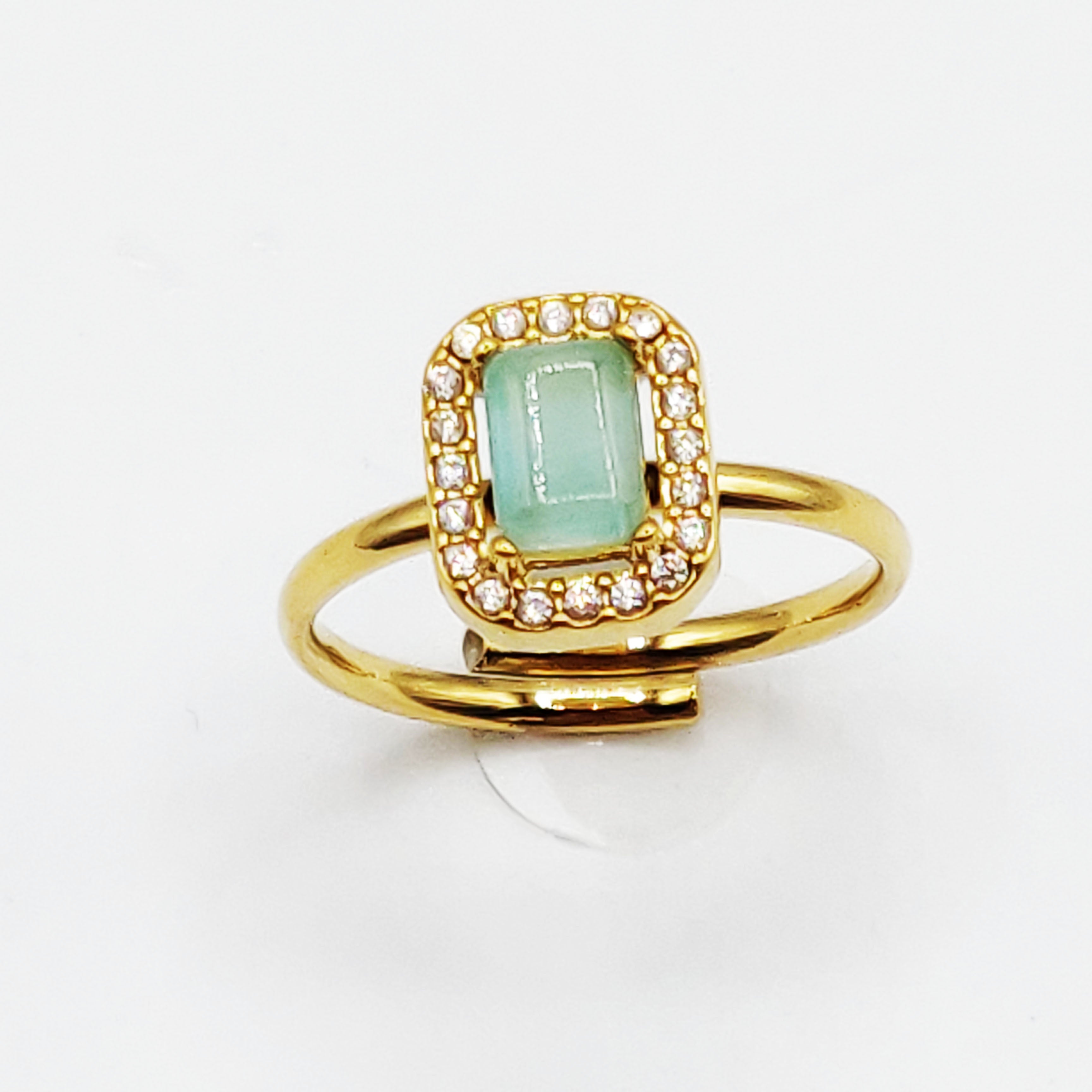 Bague Pierre Rectangle Vert Pastel Tour Cristaux Luxe