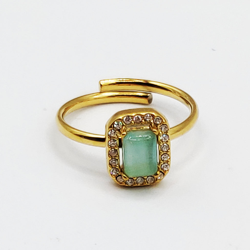 Bague Pierre Rectangle Vert Pastel Tour Cristaux Luxe