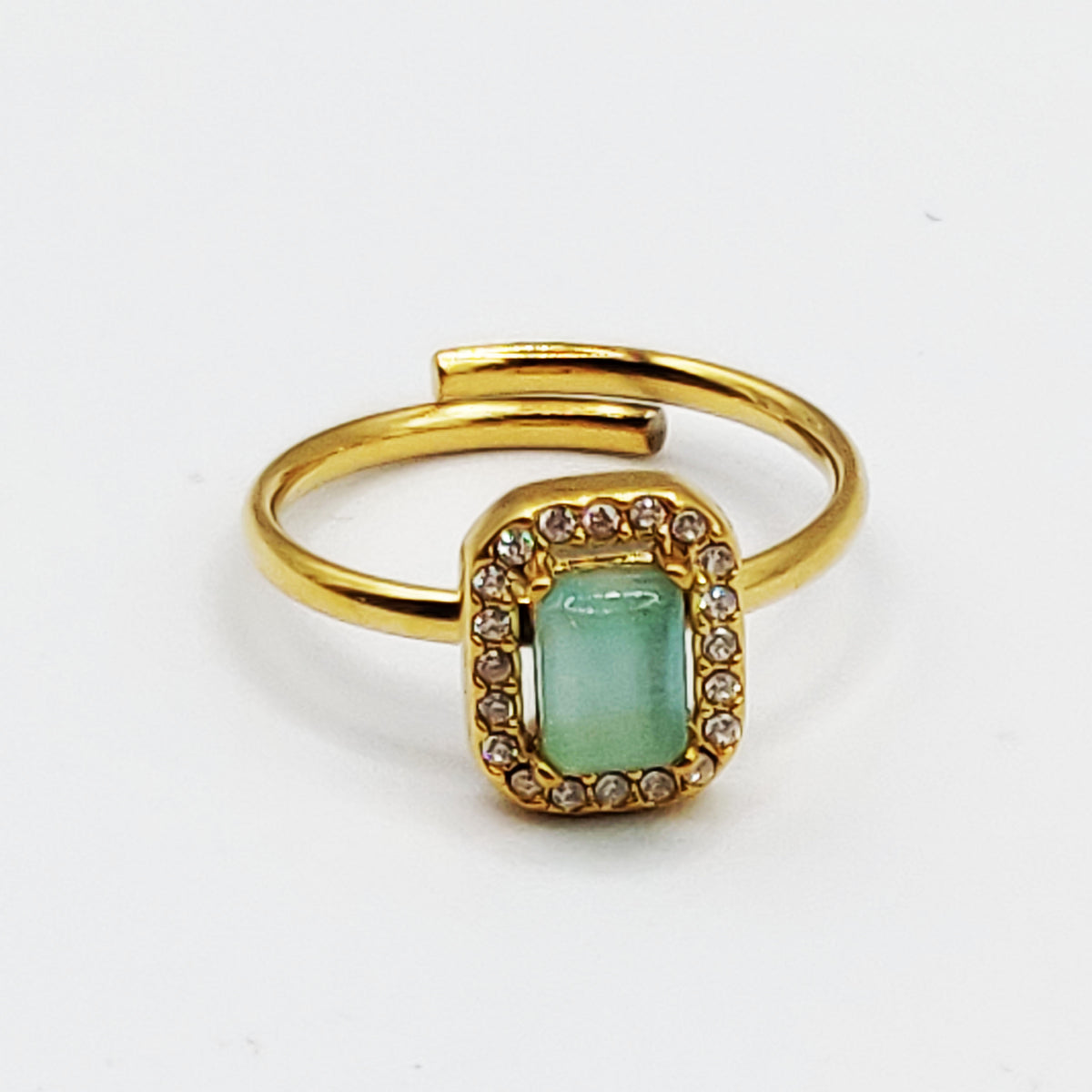 Bague Pierre Rectangle Vert Pastel Tour Cristaux Luxe