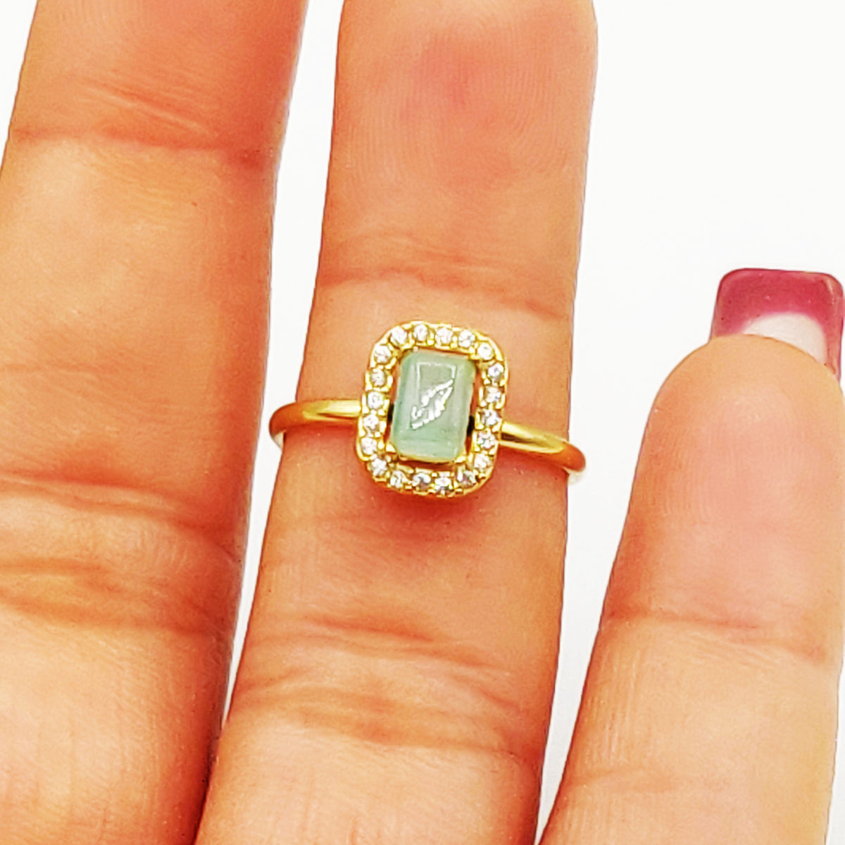 Bague Pierre Rectangle Vert Pastel Tour Cristaux Luxe