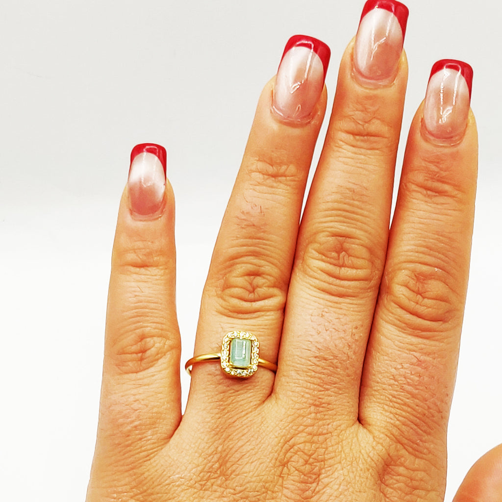 Bague Pierre Rectangle Vert Pastel Tour Cristaux Luxe