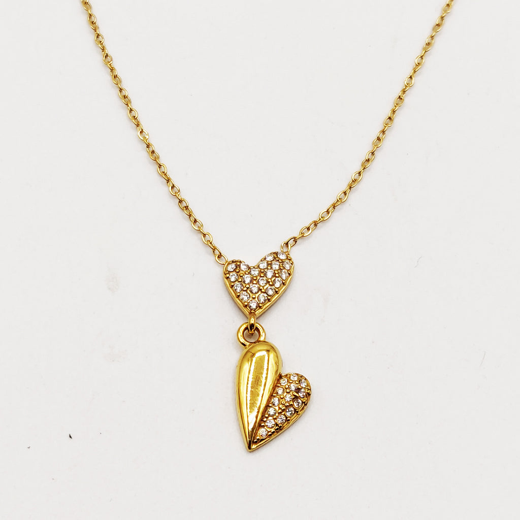 Collier Double Coeurs Bombé et Cristaux Luxe