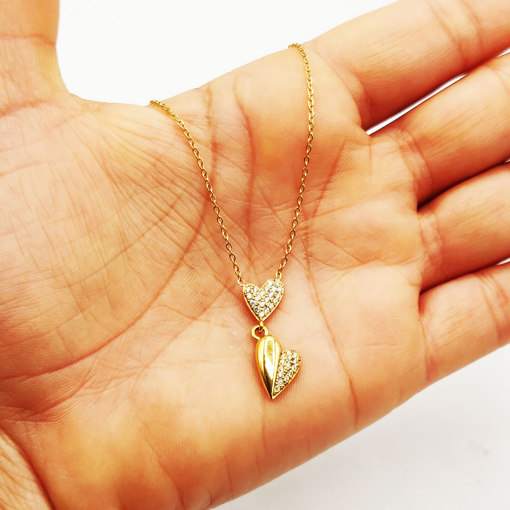 Collier Double Coeurs Bombé et Cristaux Luxe