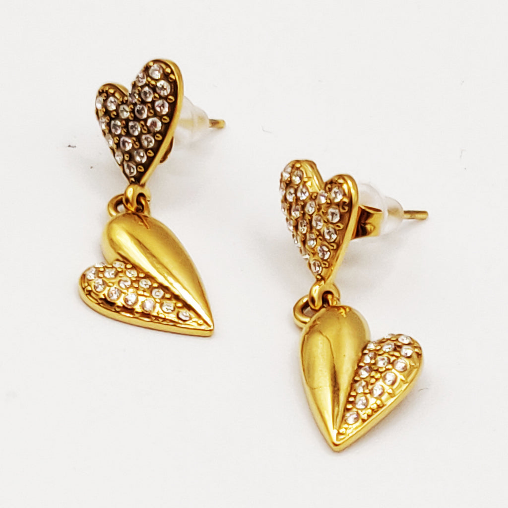 Boucles d'oreilles Double Coeurs Bombé et Cristaux Luxe