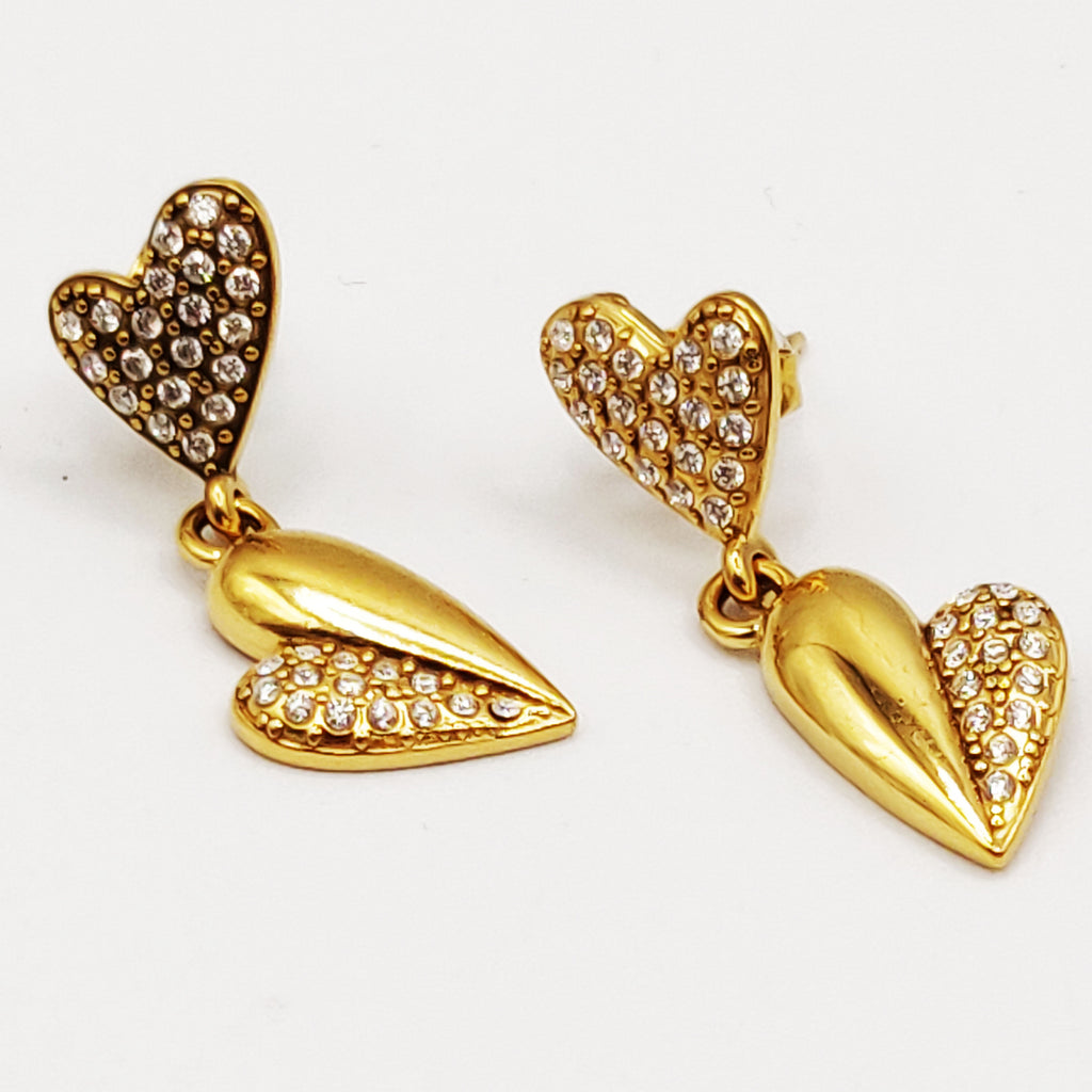 Boucles d'oreilles Double Coeurs Bombé et Cristaux Luxe