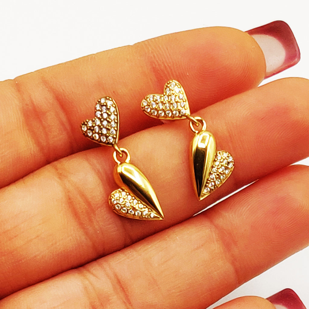 Boucles d'oreilles Double Coeurs Bombé et Cristaux Luxe