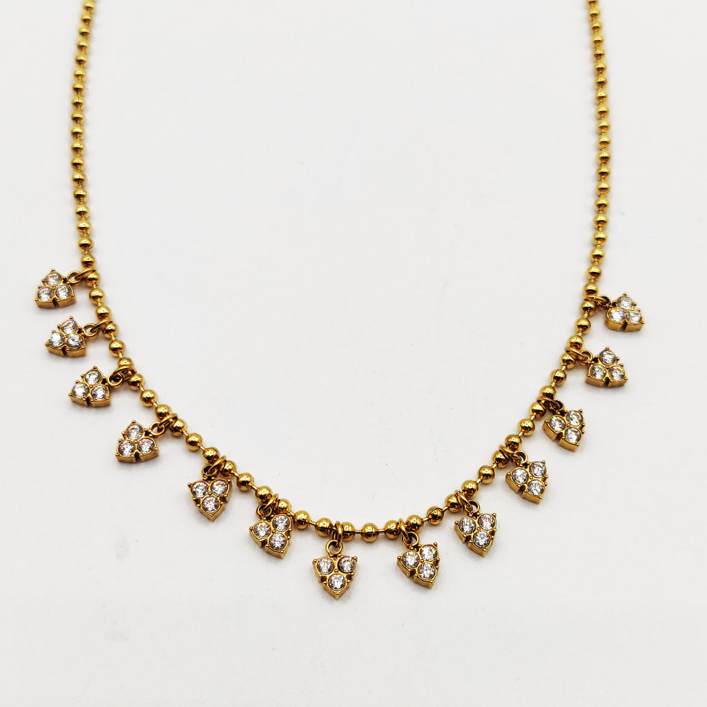 Collier Perles d'imitation Dorées Multi Triple Cristaux Ronds Luxe