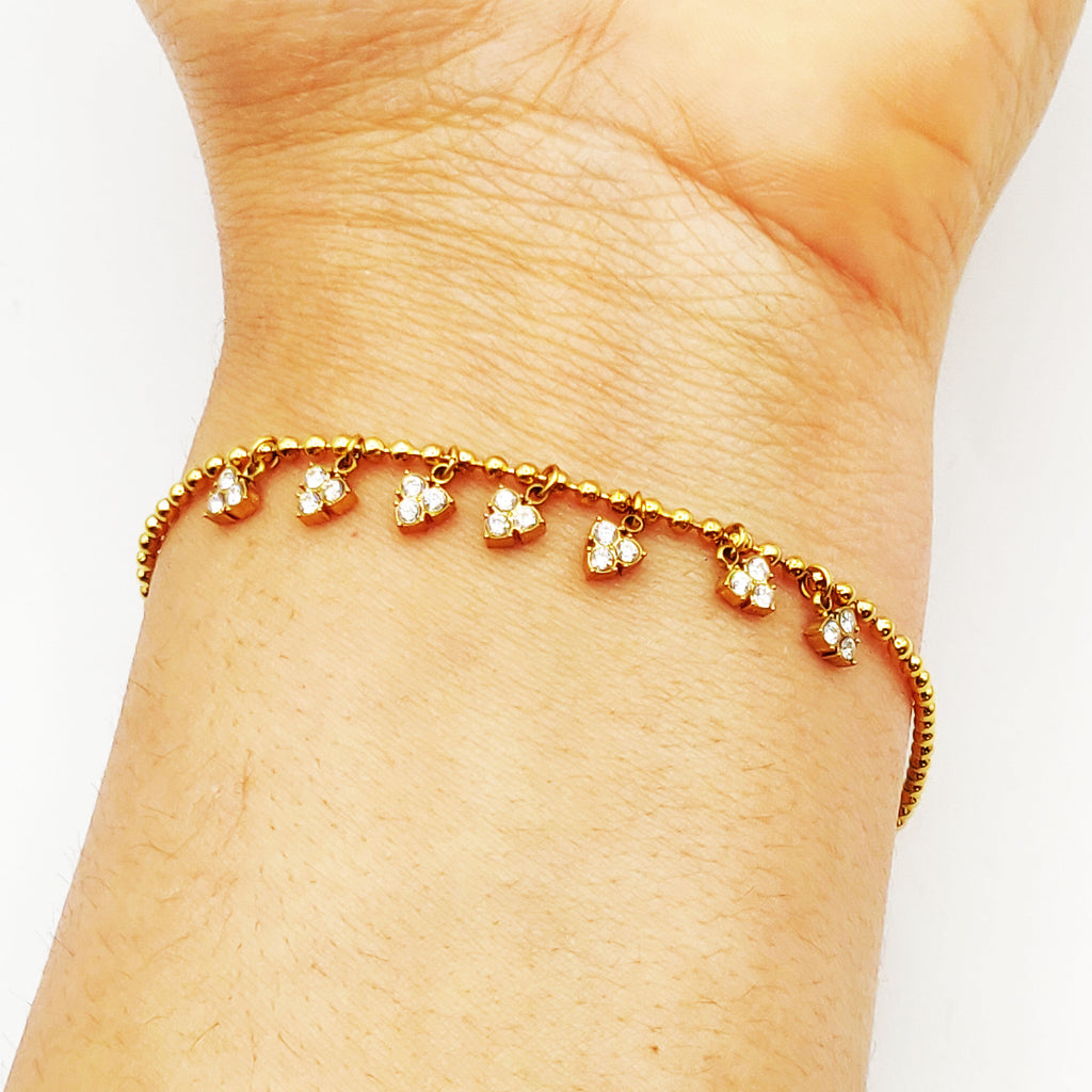 Bracelet Perles d'imitation Dorées Multi Triple Cristaux Ronds Luxe