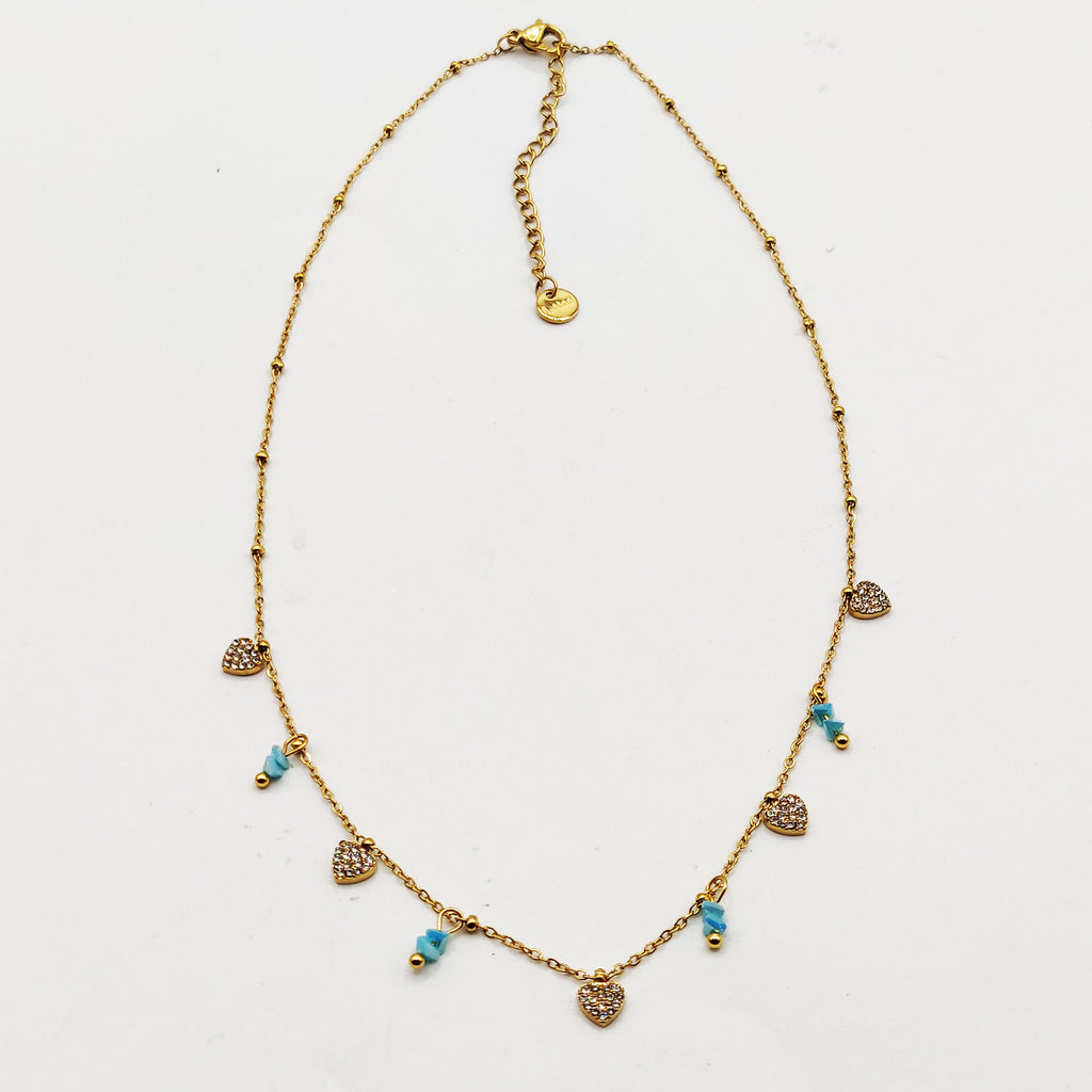 Collier Multi Coeurs Cristaux et Pierres Bleues Luxe