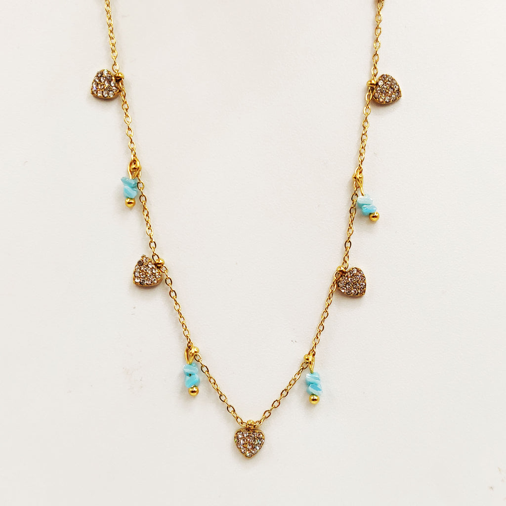 Collier Multi Coeurs Cristaux et Pierres Bleues Luxe