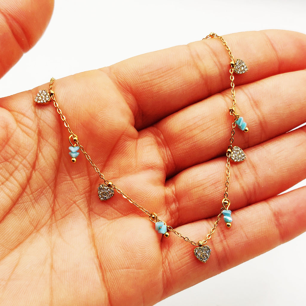 Collier Multi Coeurs Cristaux et Pierres Bleues Luxe