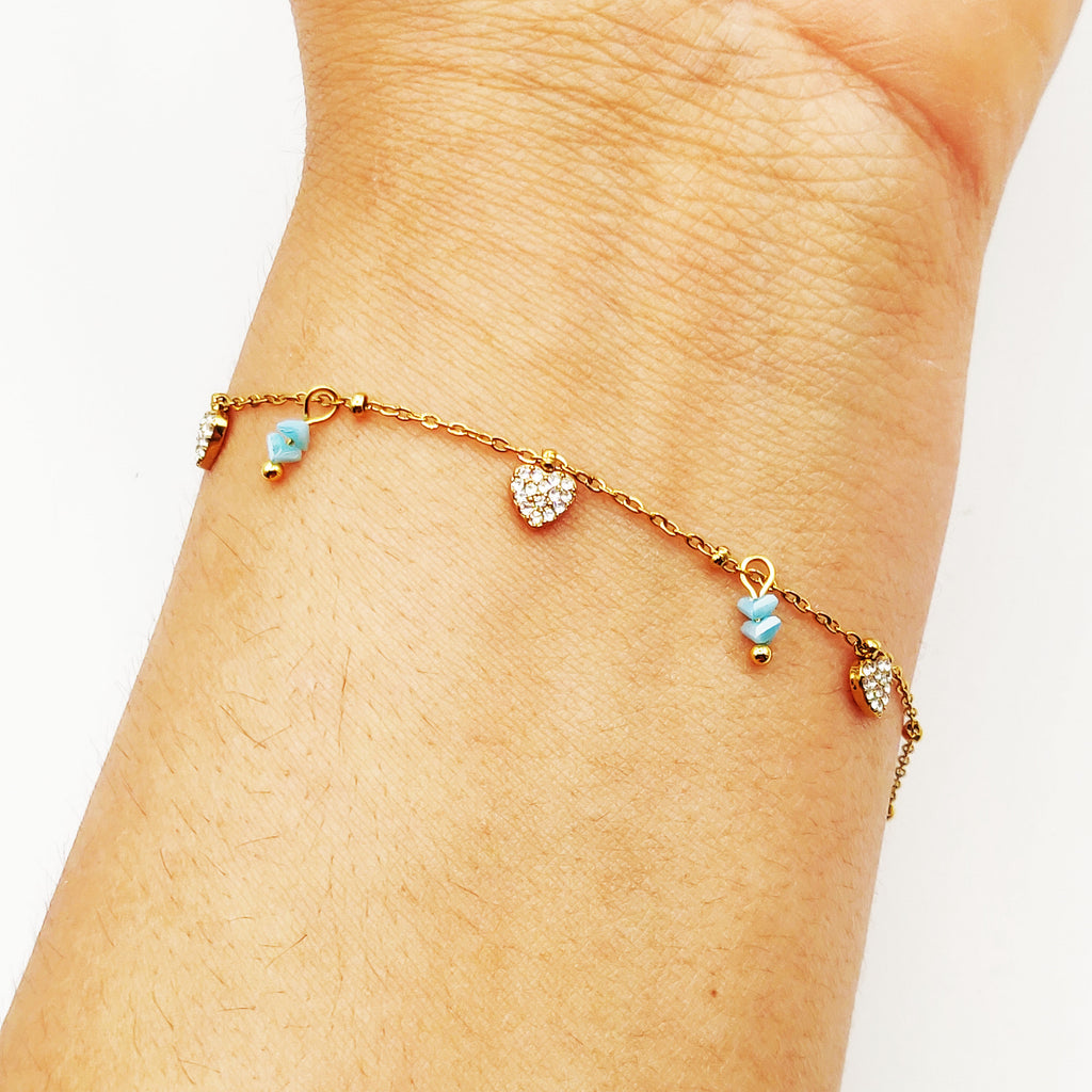 Bracelet Multi Coeurs Cristaux et Pierres Bleues Luxe