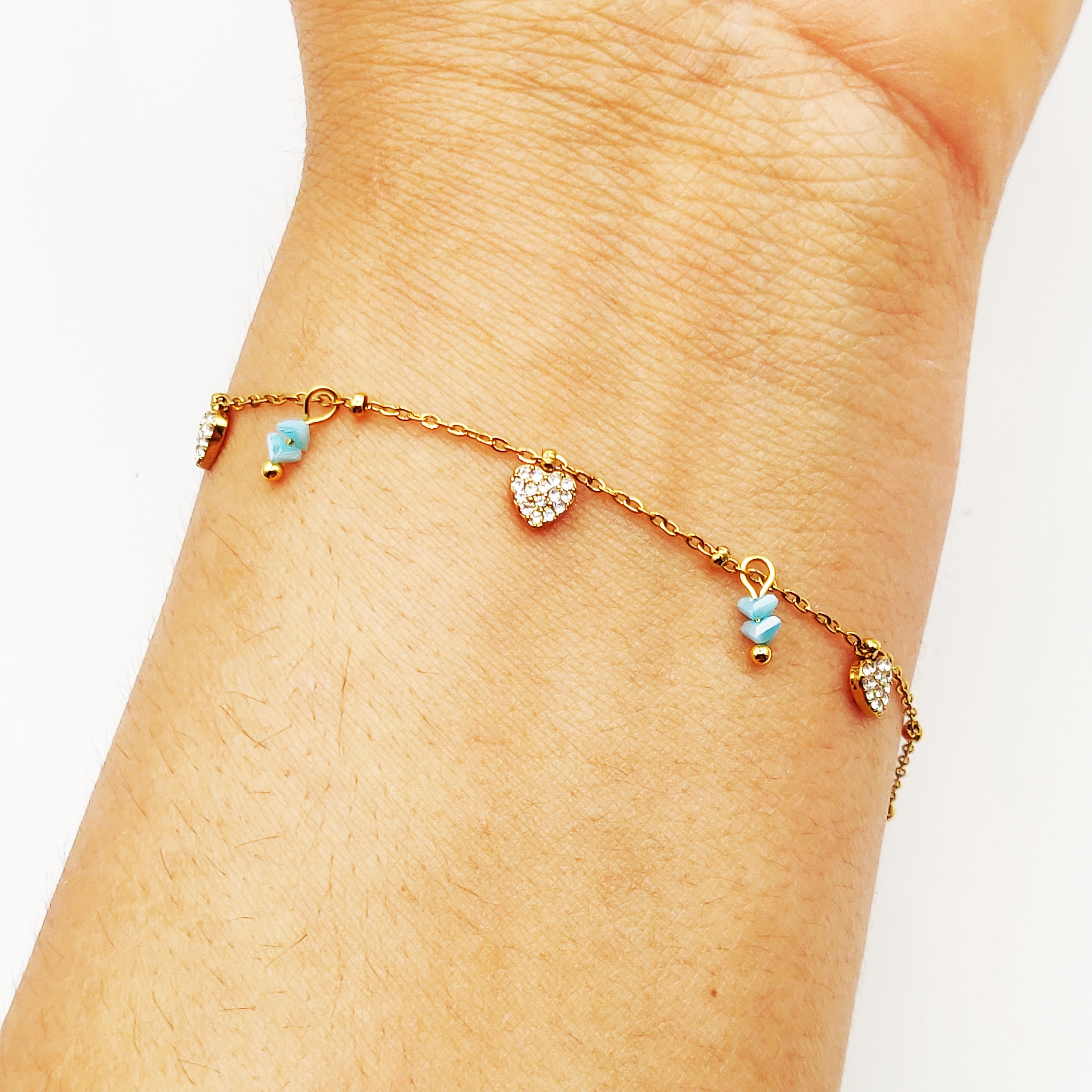 Bracelet Multi Coeurs Cristaux et Pierres Bleues Luxe
