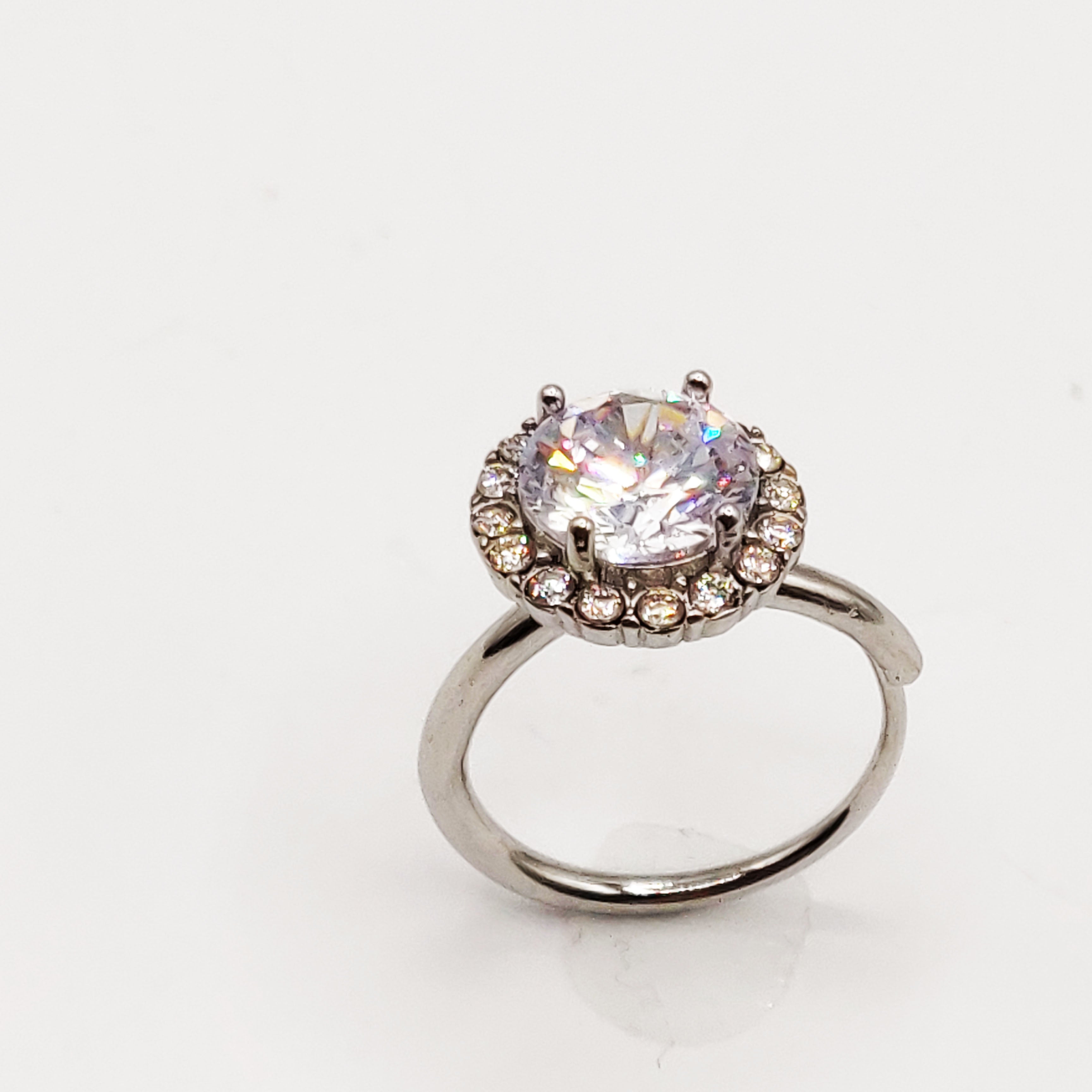 Bague Grand Cristal Rond Tour Cristaux Argenté