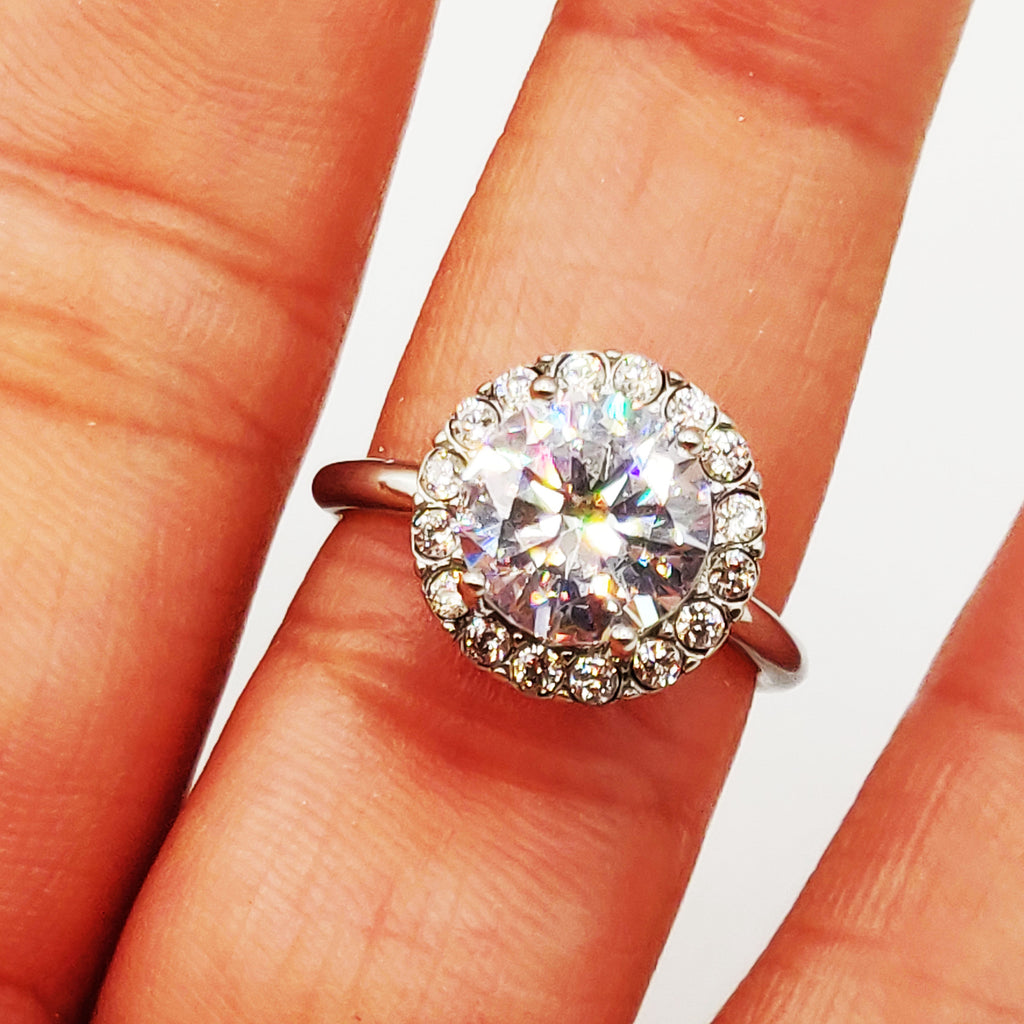 Bague Grand Cristal Rond Tour Cristaux Argenté