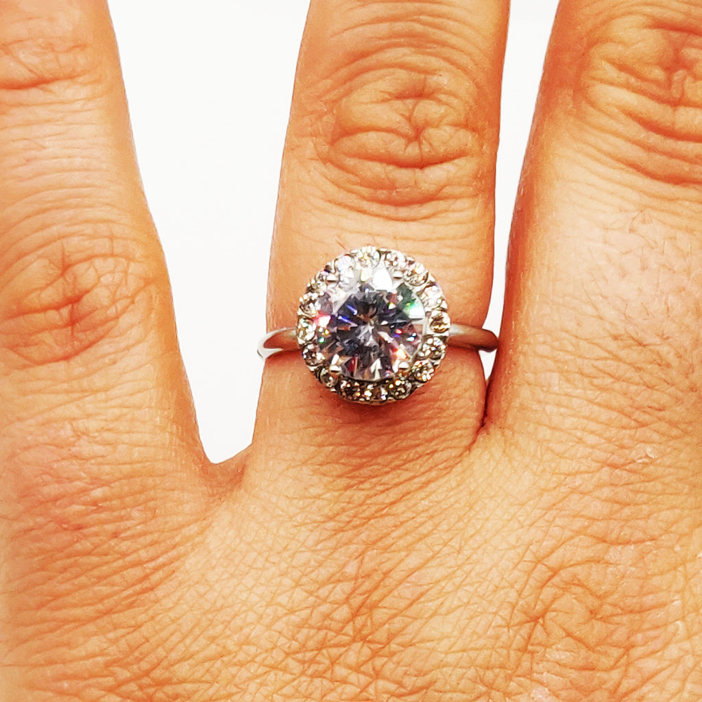 Bague Grand Cristal Rond Tour Cristaux Argenté
