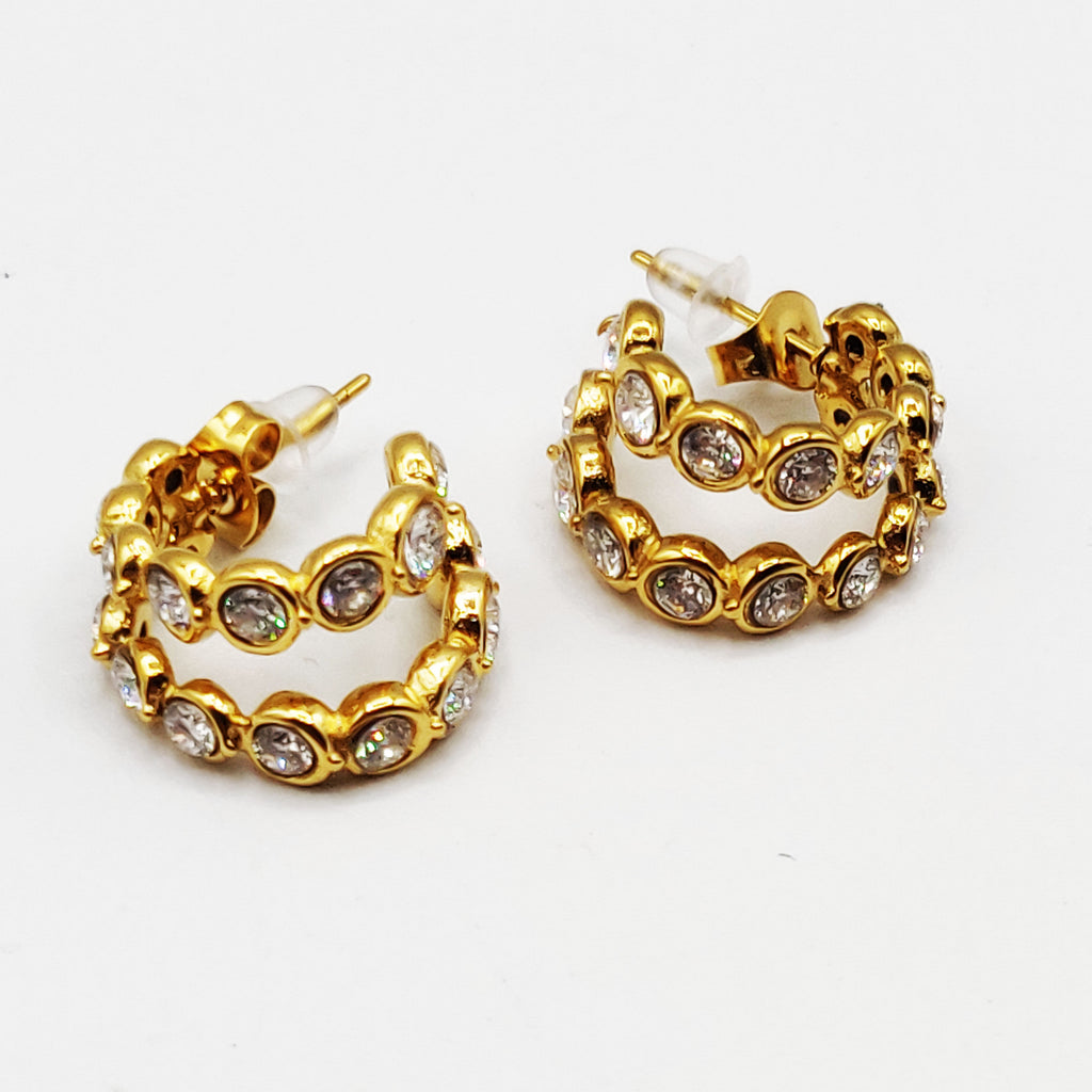 Boucles d'oreilles Double Créoles Multi Cristaux Ronds Luxe