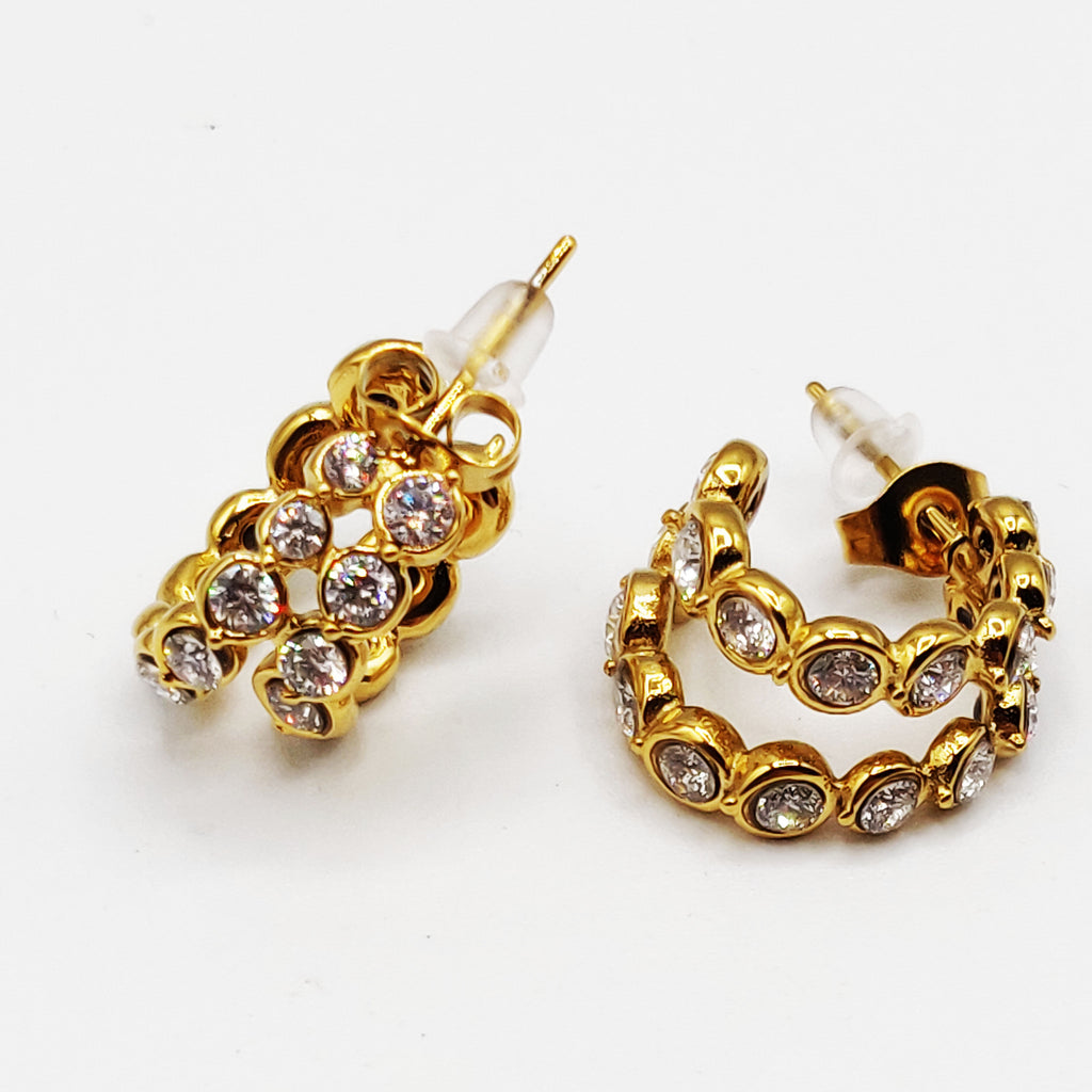 Boucles d'oreilles Double Créoles Multi Cristaux Ronds Luxe