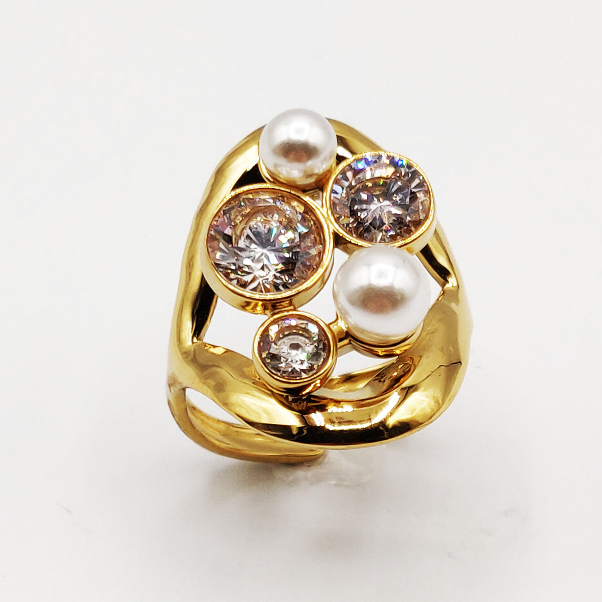 Bague Gros Cristaux Ronds et Perles d'imitation Blanches