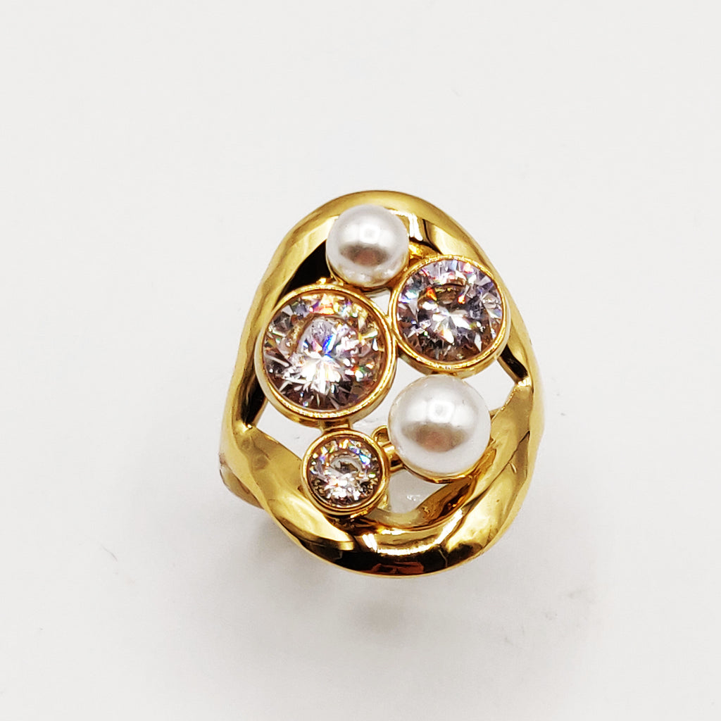 Bague Gros Cristaux Ronds et Perles d'imitation Blanches