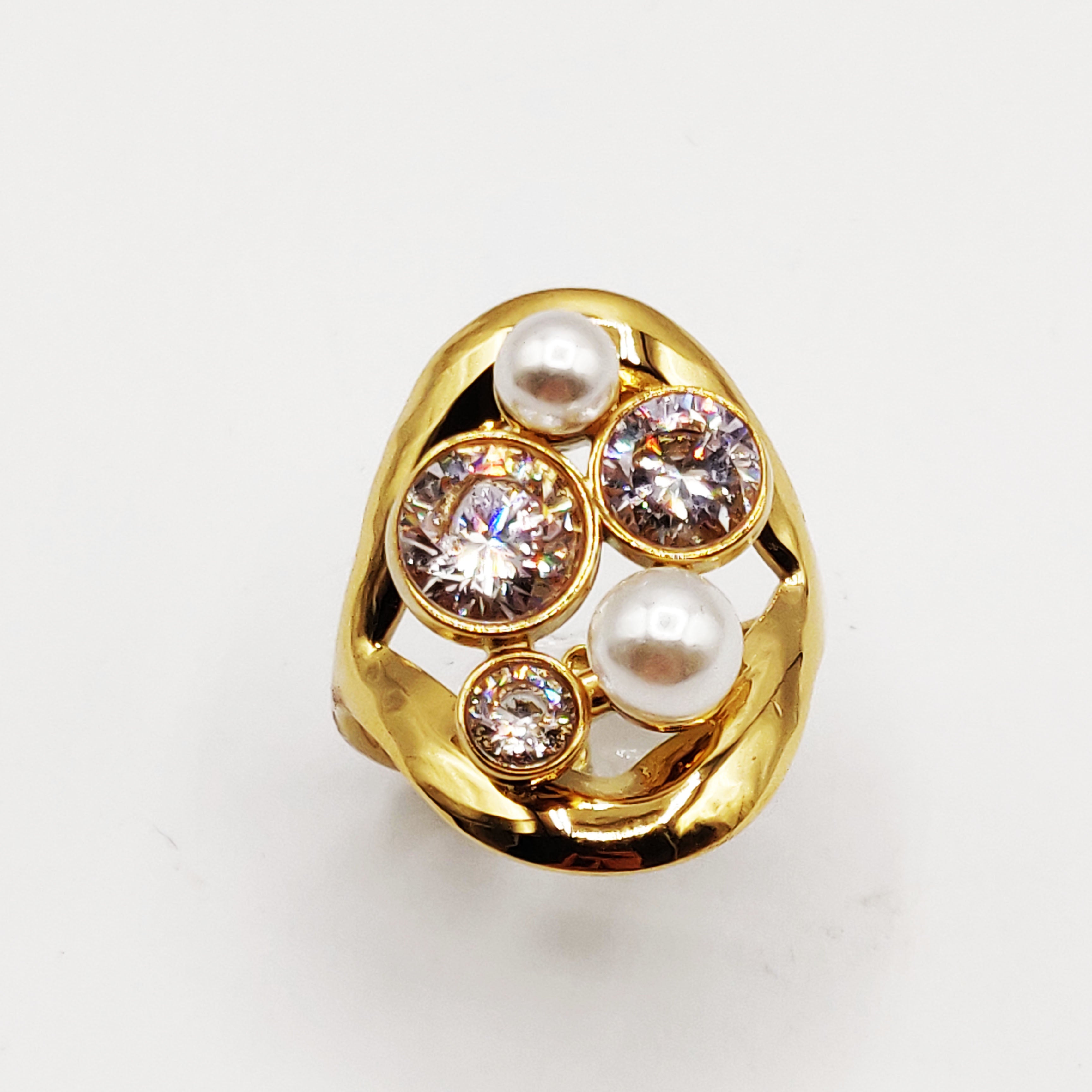 Bague Gros Cristaux Ronds et Perles d'imitation Blanches