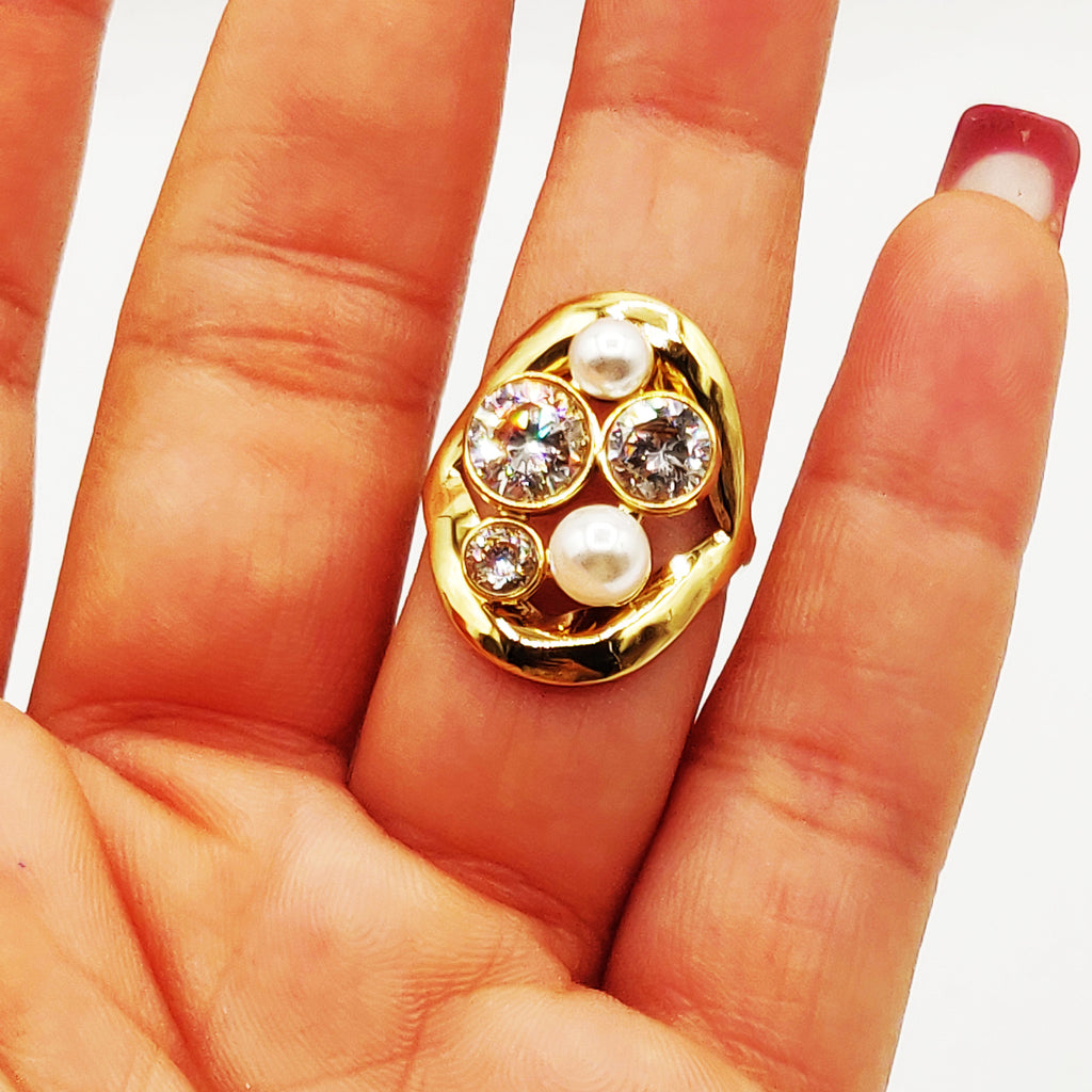 Bague Gros Cristaux Ronds et Perles d'imitation Blanches