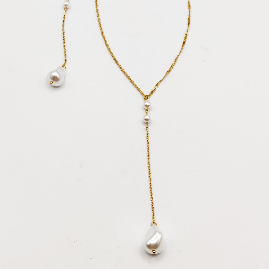 Collier et Chaîne de Dos Perles d'imitation Blanches Descendant