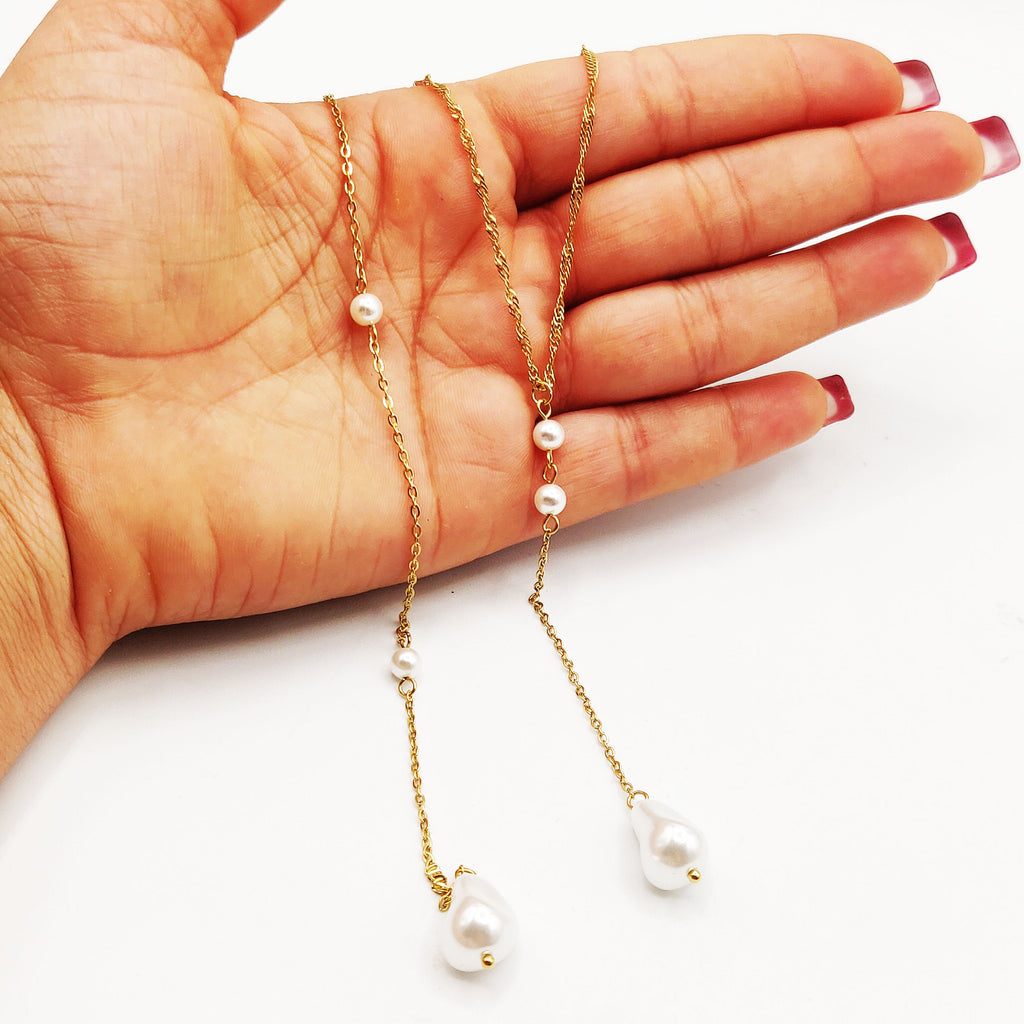Collier et Chaîne de Dos Perles d'imitation Blanches Descendant