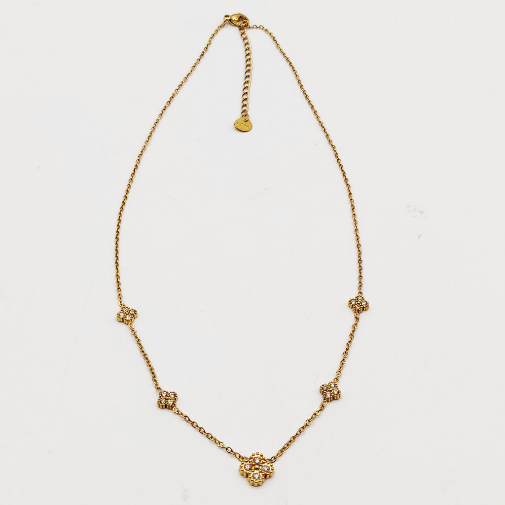 Collier Trèfle 4 Cristaux Tour Perles d'imitation Dorées Luxe