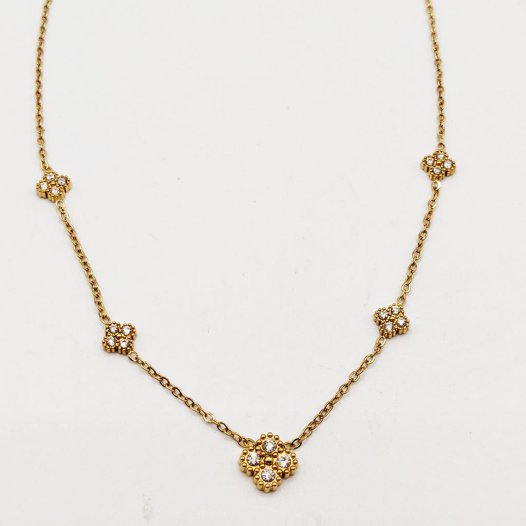 Collier Trèfle 4 Cristaux Tour Perles d'imitation Dorées Luxe