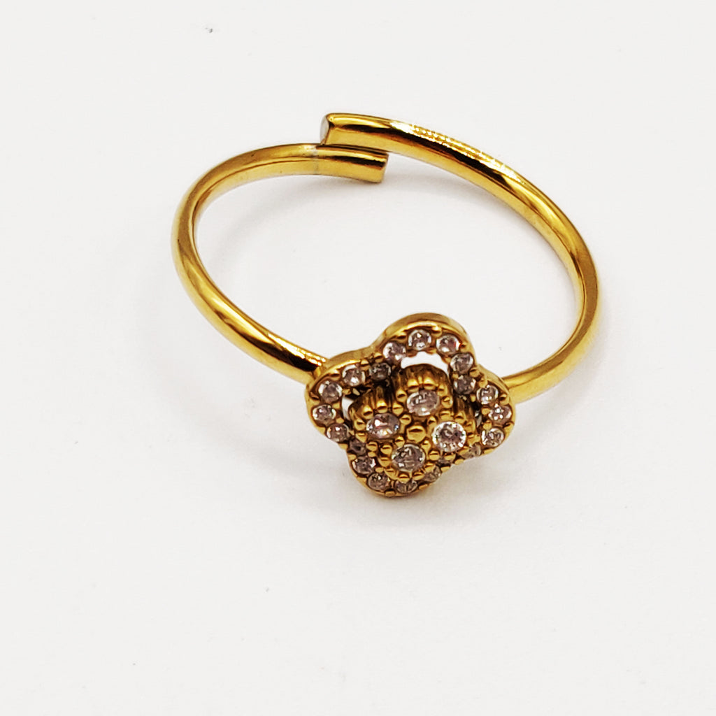 Bague Trèfle 4 Cristaux Tour Perles d'imitation Dorées Luxe