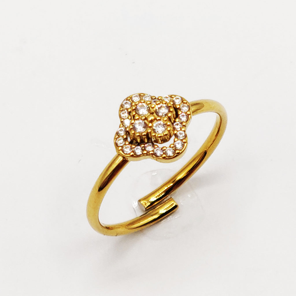 Bague Trèfle 4 Cristaux Tour Perles d'imitation Dorées Luxe
