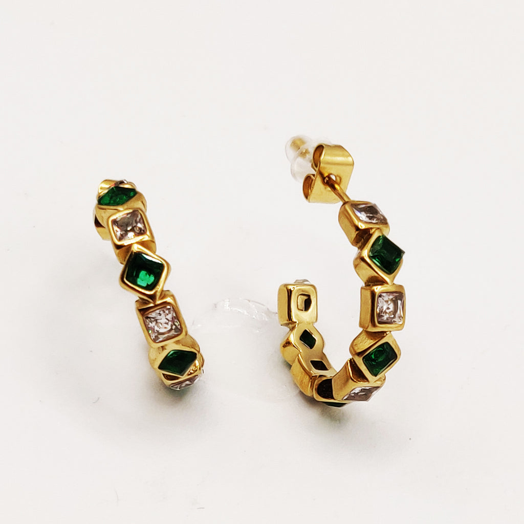 Boucles d'oreilles Cristaux Losanges Verts et Carrés Luxe