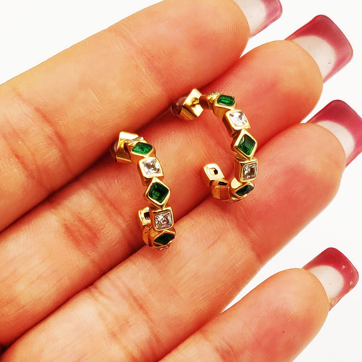 Boucles d'oreilles Cristaux Losanges Verts et Carrés Luxe
