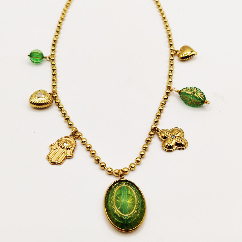 Collier Multi Perles d'imitation Dorées Bibelots Verts Luxe