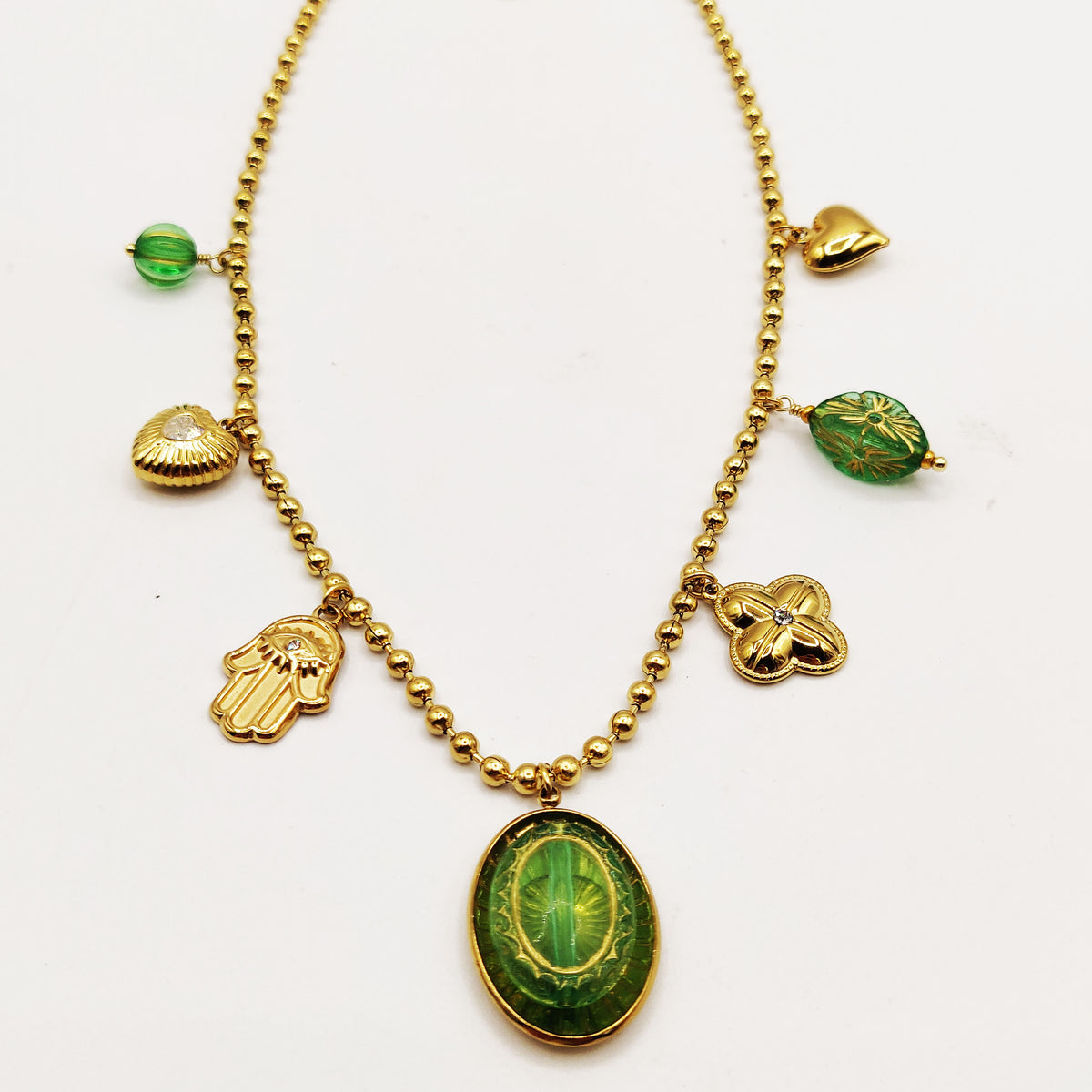Collier Multi Perles d'imitation Dorées Bibelots Verts Luxe