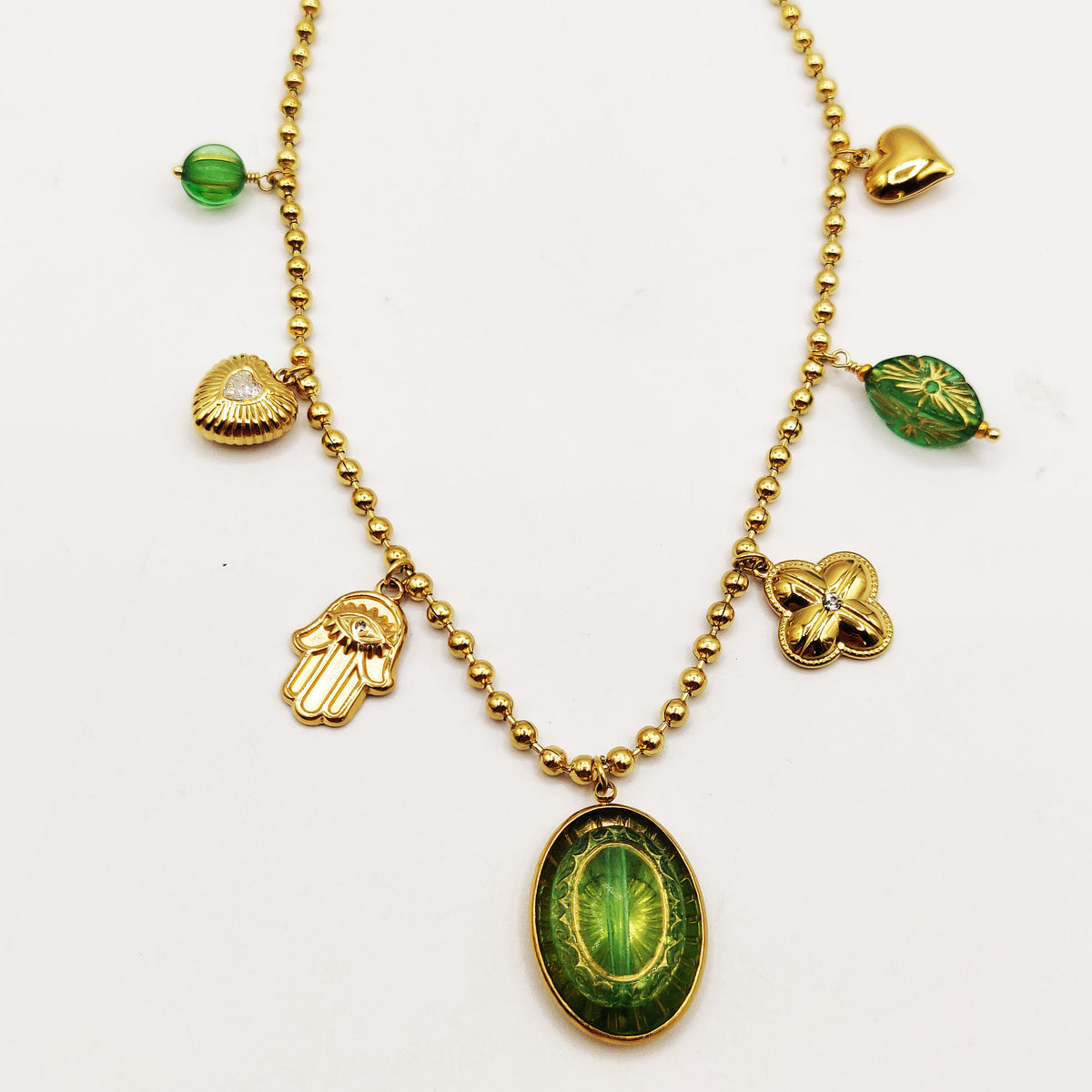 Collier Multi Perles d'imitation Dorées Bibelots Verts Luxe