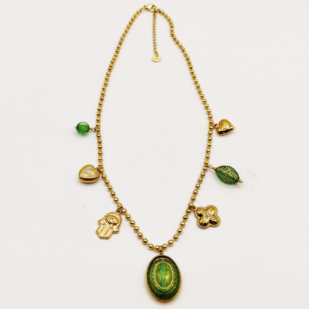 Collier Multi Perles d'imitation Dorées Bibelots Verts Luxe