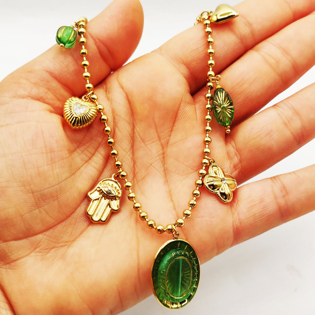 Collier Multi Perles d'imitation Dorées Bibelots Verts Luxe