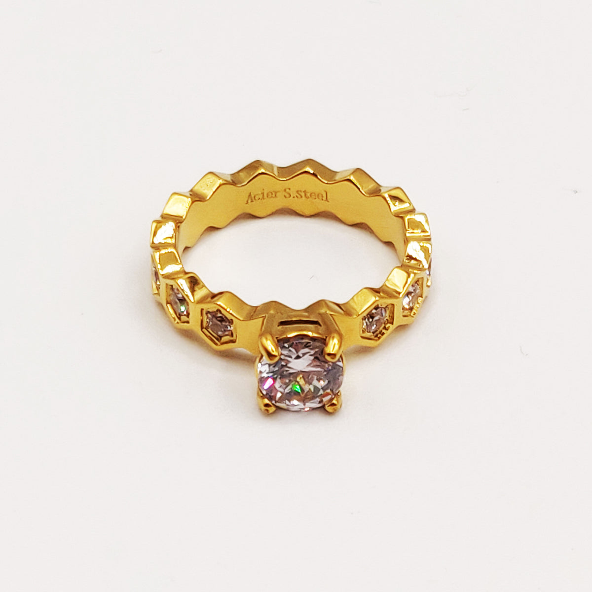 Bague Hexagones Cristaux et Gros Cristal Luxe