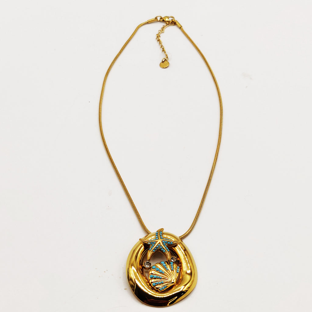 Collier Pendentif Ovale Étoile et Coquillage Bleus Luxe