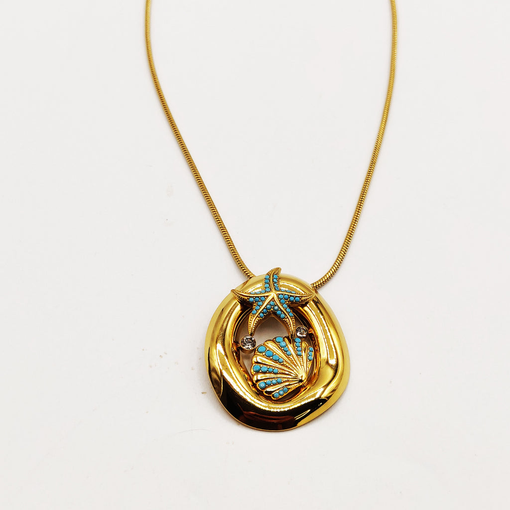Collier Pendentif Ovale Étoile et Coquillage Bleus Luxe