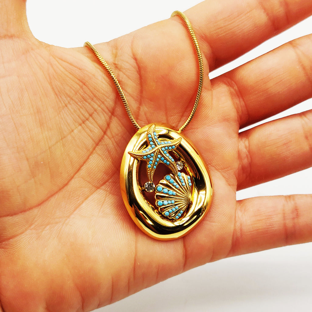 Collier Pendentif Ovale Étoile et Coquillage Bleus Luxe