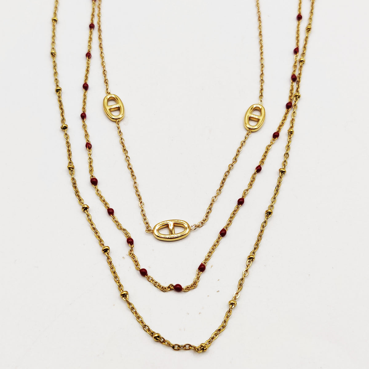 Collier Triple Multi H Luxe et Perles d'imitation Bordeaux Luxe