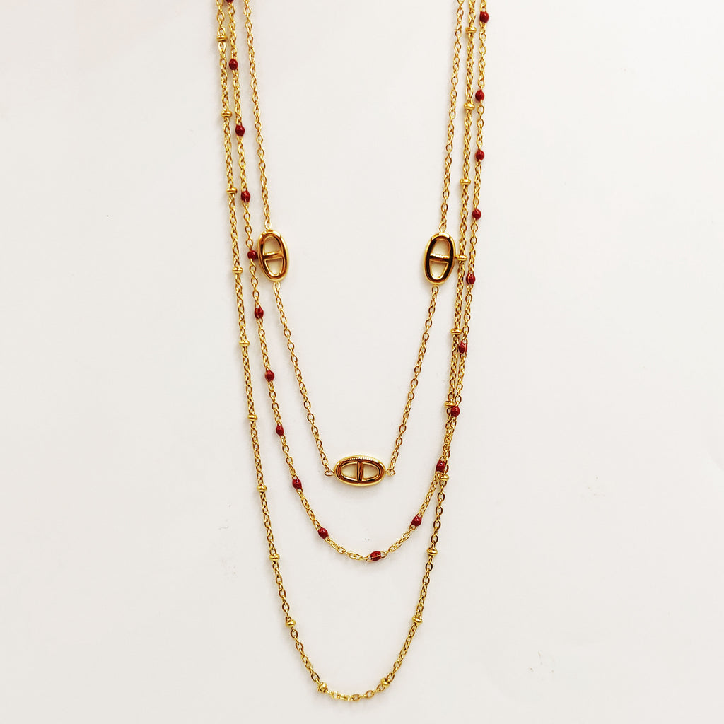 Collier Triple Multi H Luxe et Perles d'imitation Bordeaux Luxe